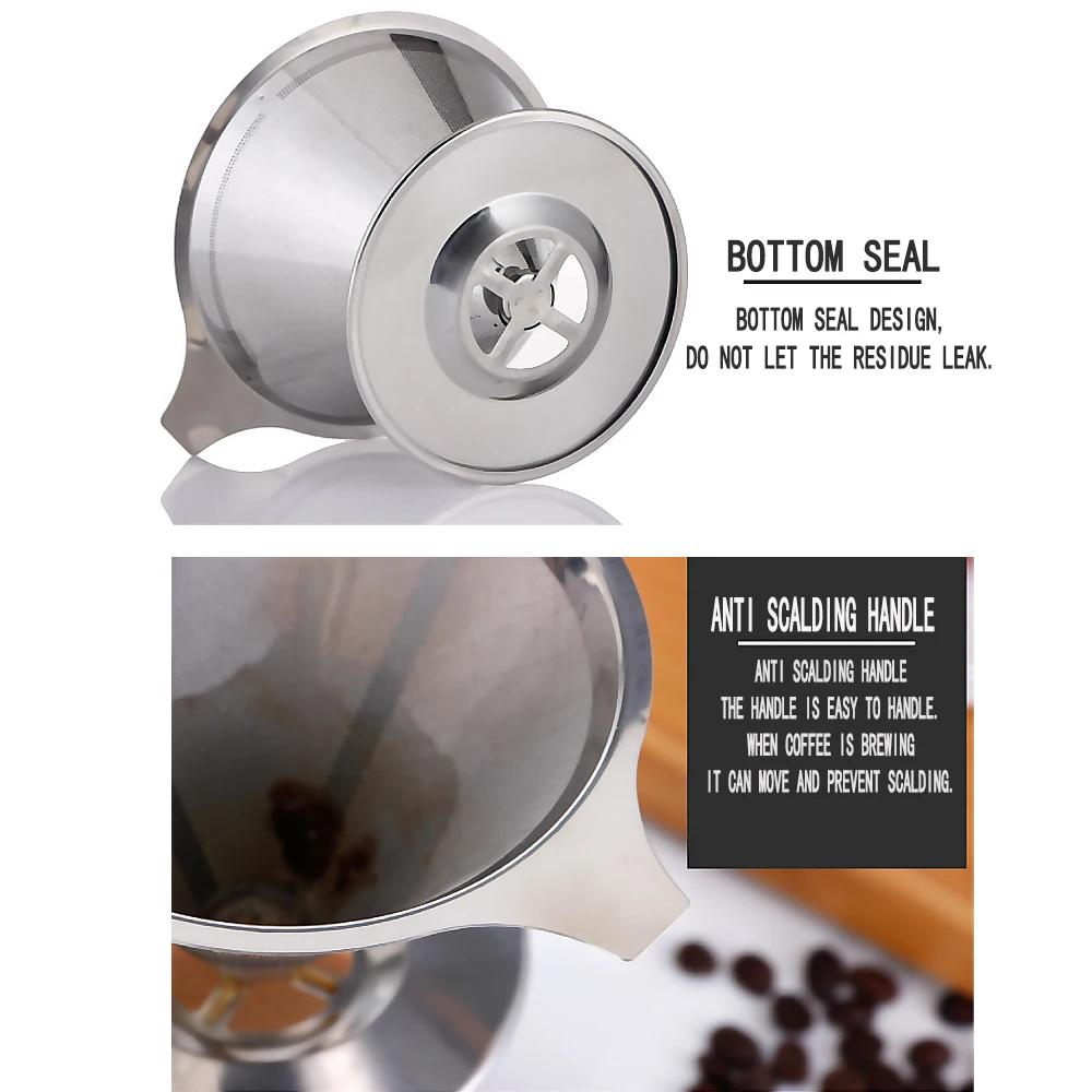 Reusable Stainless Steel Coffee Tea Filter Coffee Funnel Dripper Kitchen Coffeeware With Heat Insulation Silicone Handle Reusable Stainless Steel Coffee Tea Filter Coffee Funnel Dripper Kitchen Coffeeware With Heat Insulation Silicone Handle