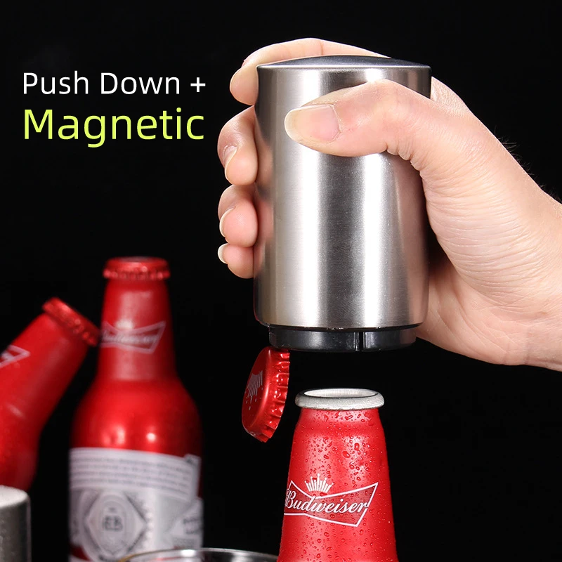 Automatic 3-Piece Gift Set Stylish Stainless Steel Magnet Push Down Pop Off Soda Openers Great For Arthritis Easy To Use Sharp Looking 3 Pack Magnetic Beer Bottle Opener with Cap Catcher 