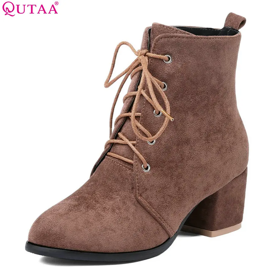 

QUTAA 2020 Women Ankle Boots All Match Flock Elegant Square Heel High Winter Boots Women Shoes Lace Up Boots Big Size 34-43