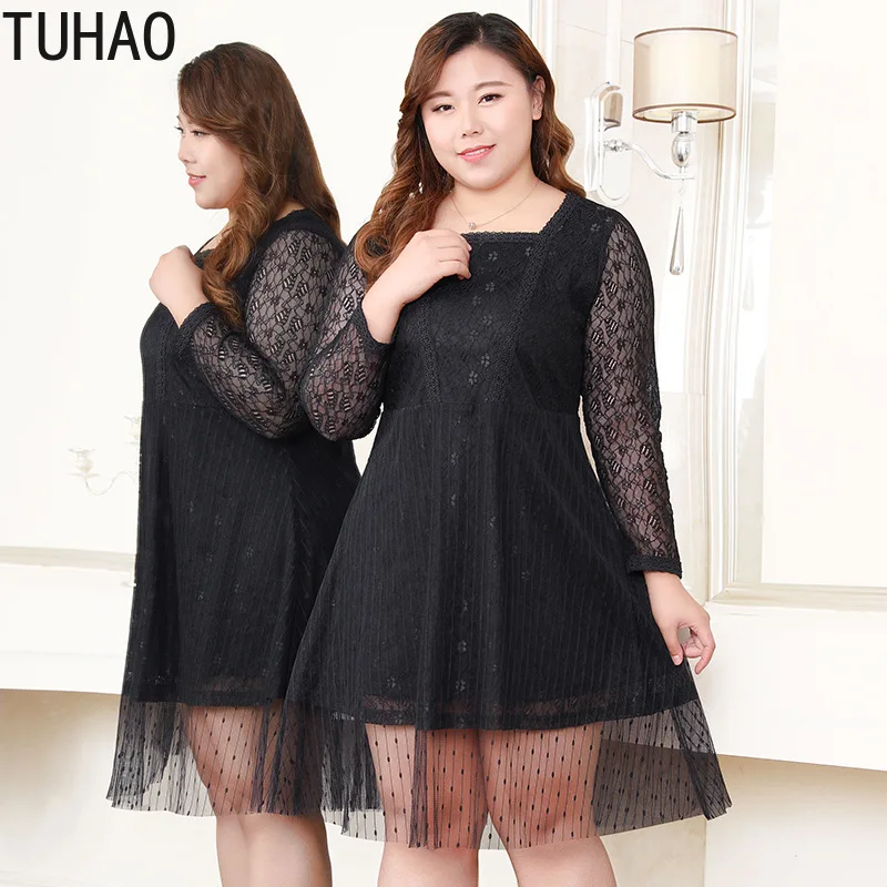 

TUHAO 2019 Spring Summer Office Sexy Dresses for Women Plus Size 10XL 8XL 6XL Elegant Lace Mesh Black Party Dress Big Size MS002