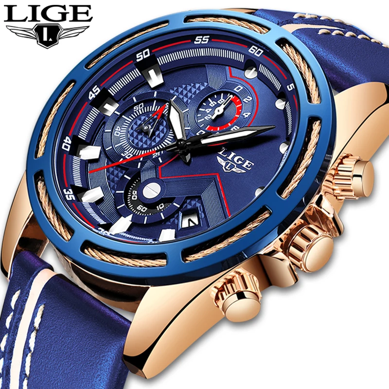 

LIGE Casual Sports Watches for Men Blue Top Brand Luxury Military Leather Wrist Watch Man Clock Fashion Chronograph Wristwatch