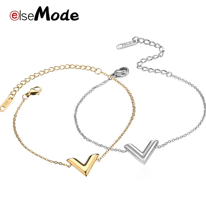 

ELSEMODE Tiny V Initial Bracelets Gold Silver 316L Stainless Steel Letters Charms Bracelet for Women Fashion Jewelry