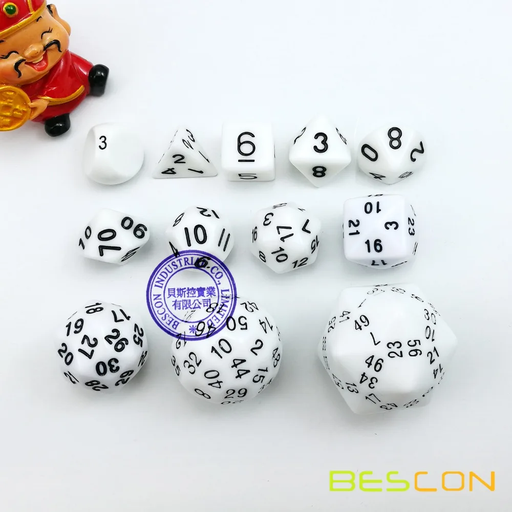 Bescon 60 Side Dice Set, 12pcs Polyhedral Dice Set D3-D60, D3 D4 D6 D8 D10 D% D12 D20 D24 D30 D50 D60 RPG Dice Set in White afbeelding