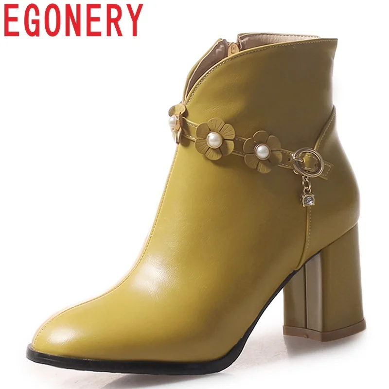 

EGONERY 2018 new fashion sweet round toe flower high square heel zipper women shoes winter outside warm three colors ankle boots