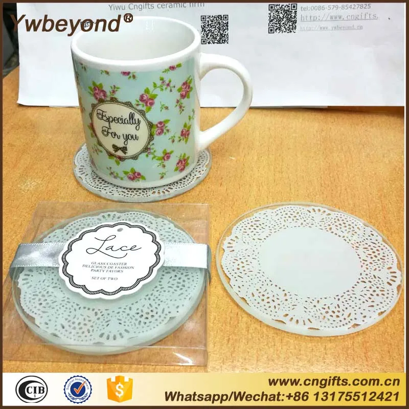 

60pcs(30sets)/lot wedding return gifts souvenirs Round Lace Cup Mat wedding favors glass coaster