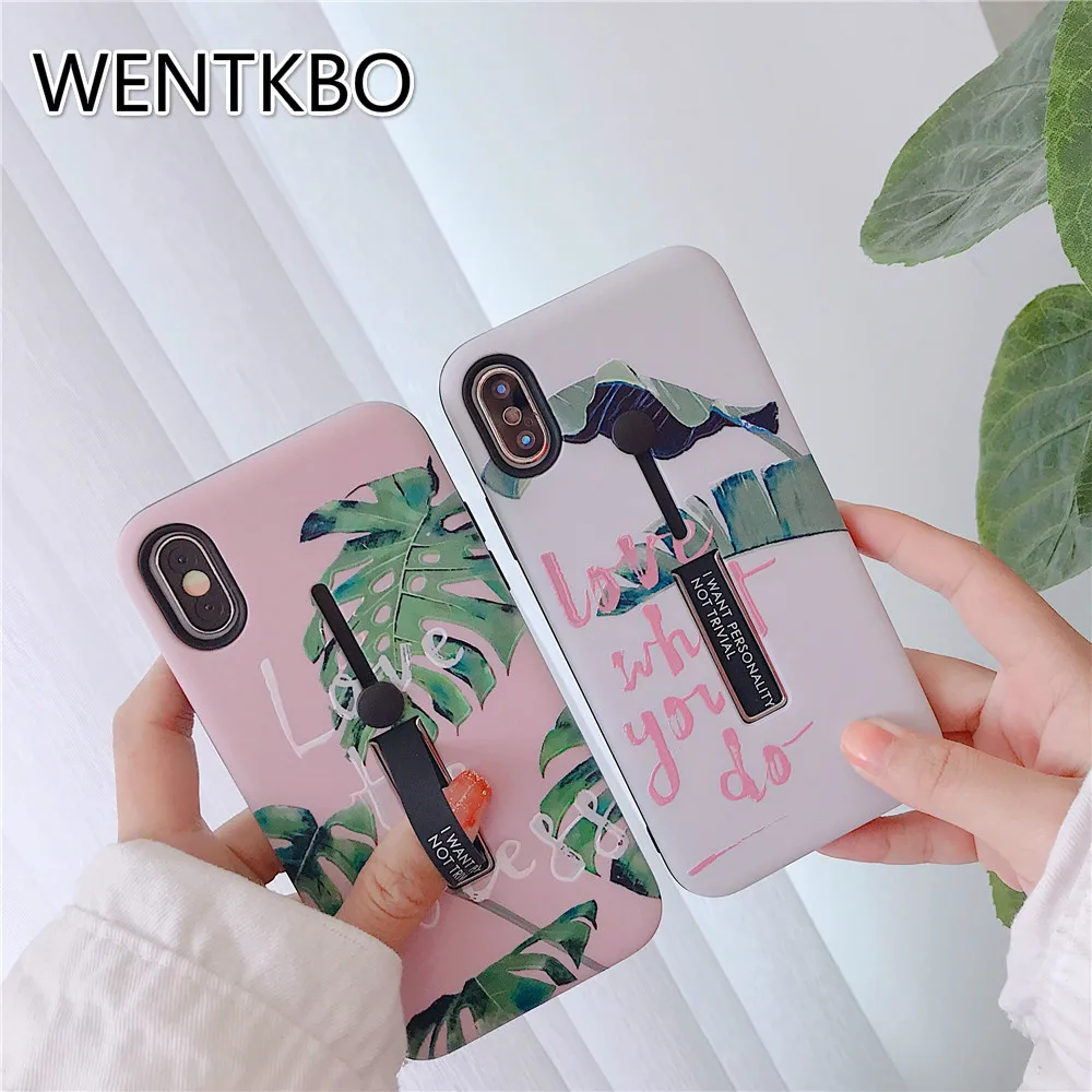 Flower Leaf Couple Print Phone Case For iPhone X XS MAX XR Hide Ring Stand Holder Cover 6 6s 7 8 Plus Soft Bags Funda |