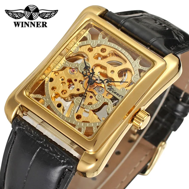 2018 Winner Brand Retro Casual Series Rectangle Dial Design Golden Pattern Hollow Skeleton Watch Men Top Luxury Mechanical Clock