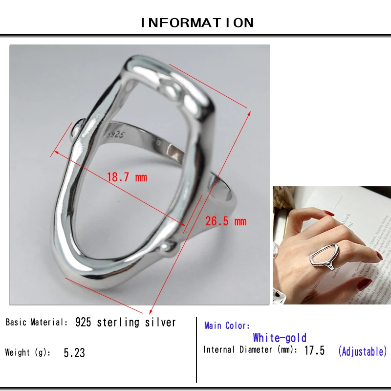 Увеличенные квадратные индивидуальные 925 пробы серебряные геометрические кольца оригинальной формы богемные Регулируемые кольца из белого золота для женщин