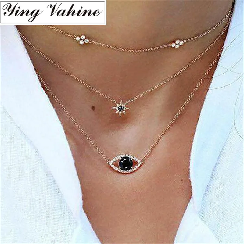 

ying Vahine New Summer Multilayer Black Zircon Eye Choker Necklaces for Women collier