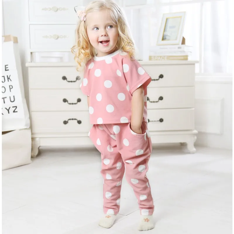 

Summer Baby Girl Adorable Dot Print Short Sleeve Tops Blouse Trousers Casual Outfits Clothes