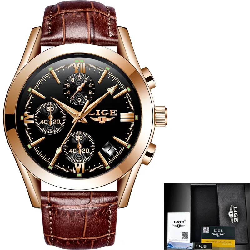 LIGE мужские часы модные повседневные спортивные кварцевые часы Мужские часы-Хронограф Мужские Кожаные Деловые наручные часы Relogio Masculino - Цвет: Leather gold black