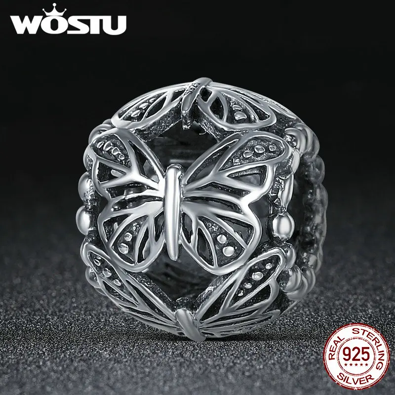 WOSTU Аутентичные 925 пробы серебряные штабелируемые круглые бусины с бабочкой подходят для самостоятельного изготовления шарма стильный браслет ювелирный подарок CQC491