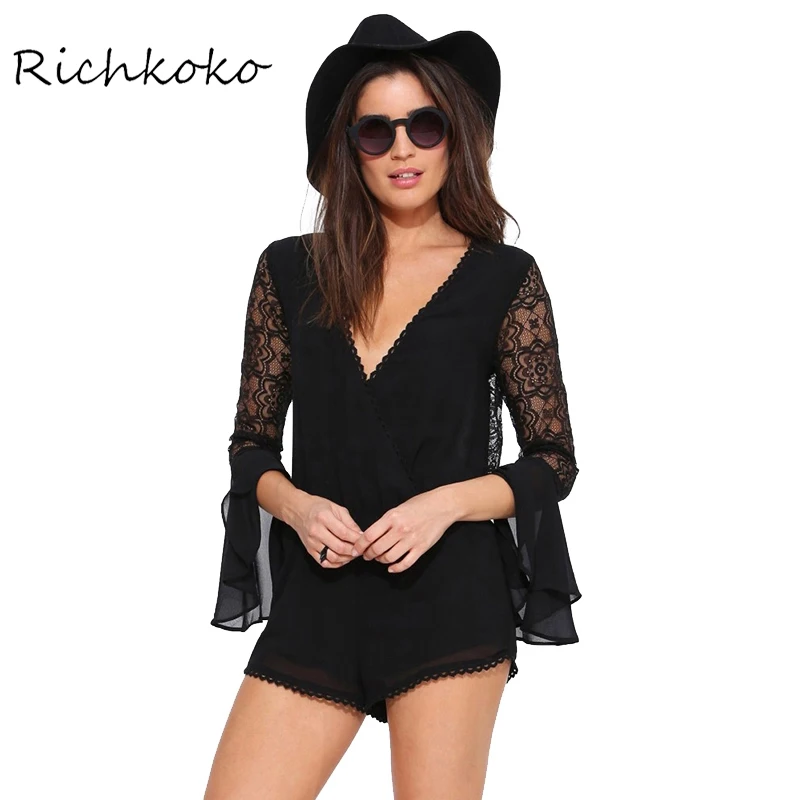 Richkoko Flare Sleeve Black Playsuits Women V neck Contrast Sheer Lace