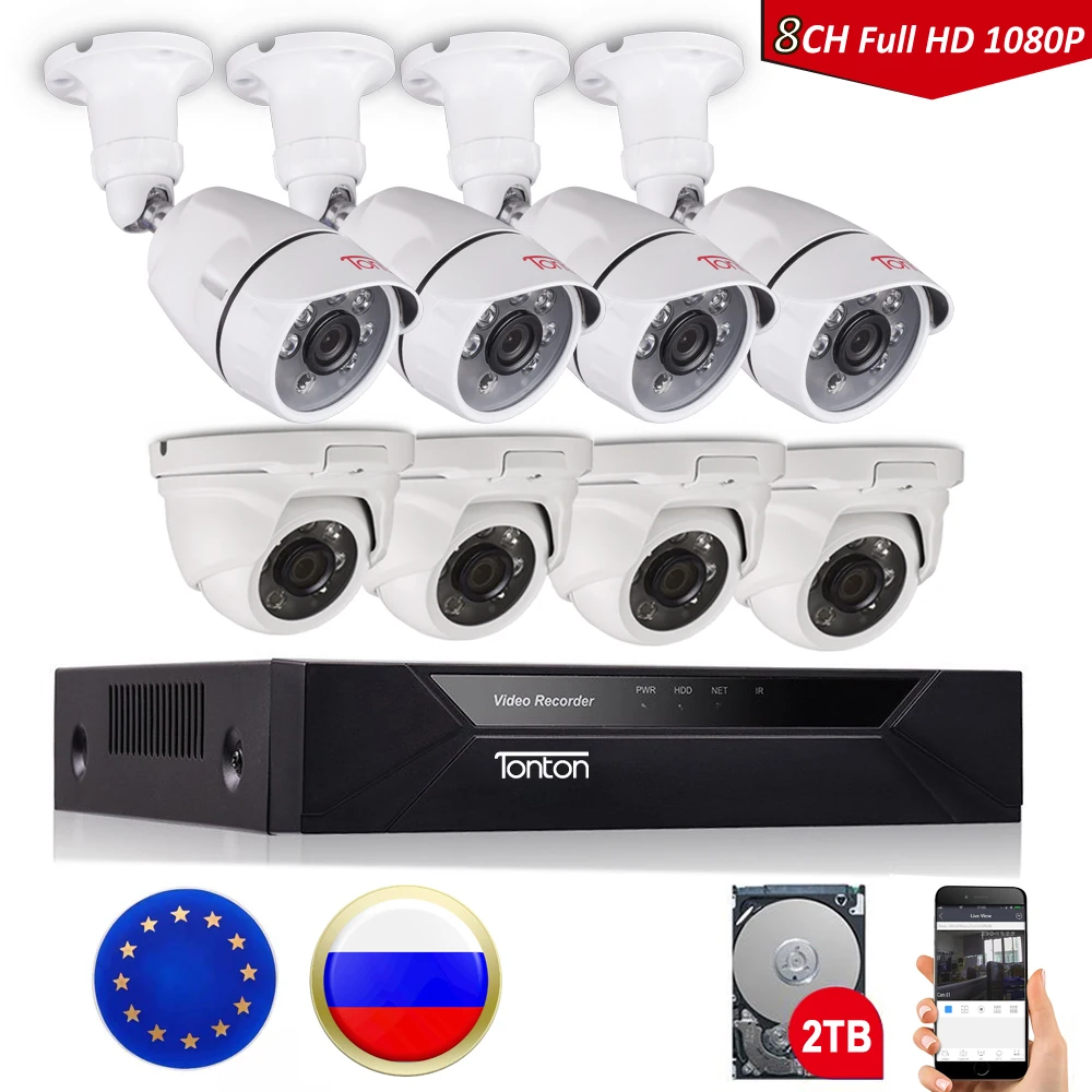 Tonton 8CH 1080P CCTV камера видеонаблюдения DVR распознавание лица 2.0MP наружная камера безопасности CCTV система видеонаблюдения комплект 2 ТБ HDD