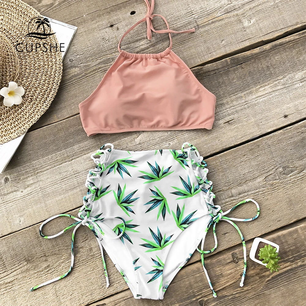 

CUPSHE Pink Solid And Leaf Print Halter Bikini Sets Women High Waisted Lace up Two Pieces Swimwear 2019 Girl Cute Beach Swimsuit