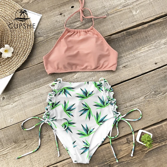 Best Offers CUPSHE Pink Solid And Leaf Print Halter Bikini Sets Women High Waisted Lace up Two Pieces Swimwear 2018 Girl Cute Beach Swimsuit Best Offers CUPSHE Pink Solid And Leaf Print Halter Bikini Sets Women High Waisted Lace up Two Pieces Swimwear 2018 Girl Cute Beach Swimsuit