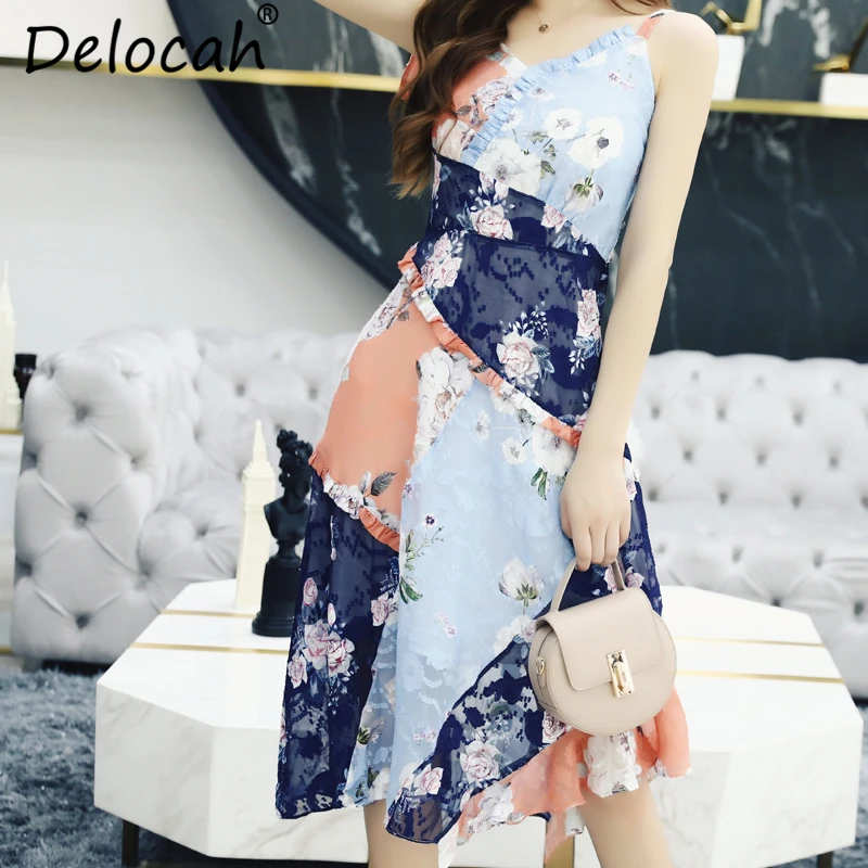 Delocah New Summer Women Dress Runway Fashion Designer Slim V-Neck Spaghetti Strap Ruffles Bow Tie Off shoulder Vintage Dresses