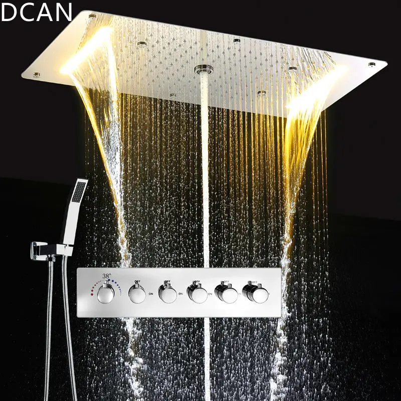 Billig DCAN Multifunktions Bad Dusche Sets Luxus SUS304 Thermostat Mischer Wasserfall Niederschläge SPA Decke Große Regen Führte Dusche Set