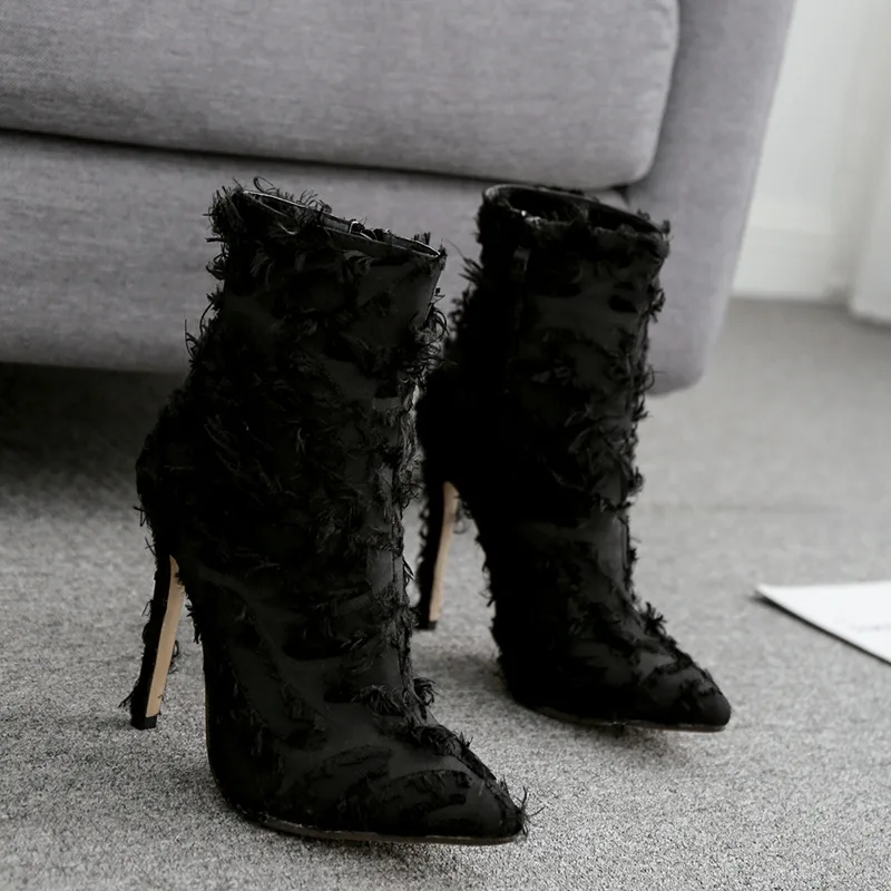 

2018 New Arriva Gladiator Women Ankle Boots Pointed Toe High Heels 11CM Short Boot Slip-On Sexy Burrs Black Chelsea Short Boots