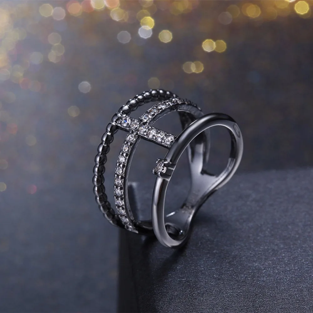 Geometric Design Cubic Zirconia Party Accessorise Black Gun Color Rings For Womens Fashion Jewelry (JewelOra RI103321)