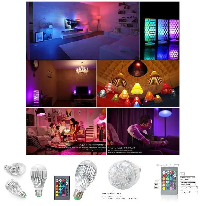 

10W LED RGB Color Changing Light Bulbs With 24 Keys Remote Control E26 Aluminium Dimmable Lamp QP2