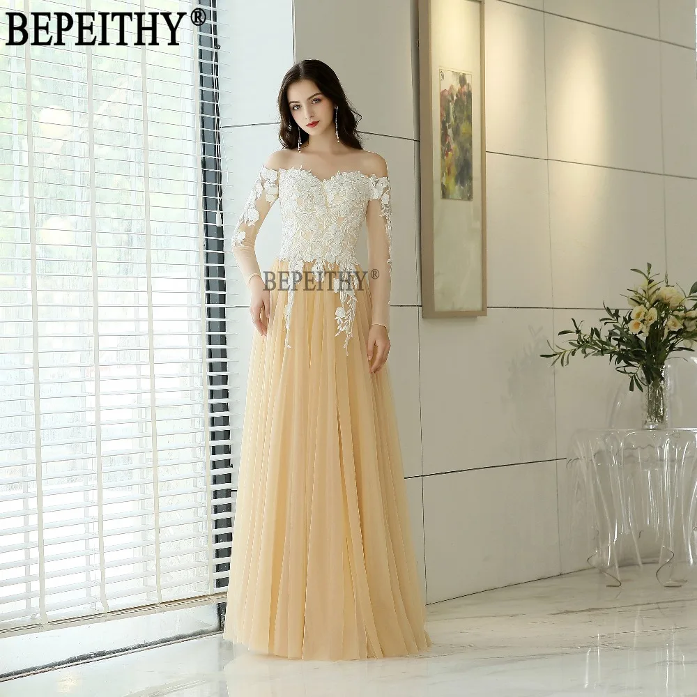 BEPEITHY vestido de festa Новый дизайн Милая с открытыми плечами Тюль Аппликации Длинные вечерние платья 2019