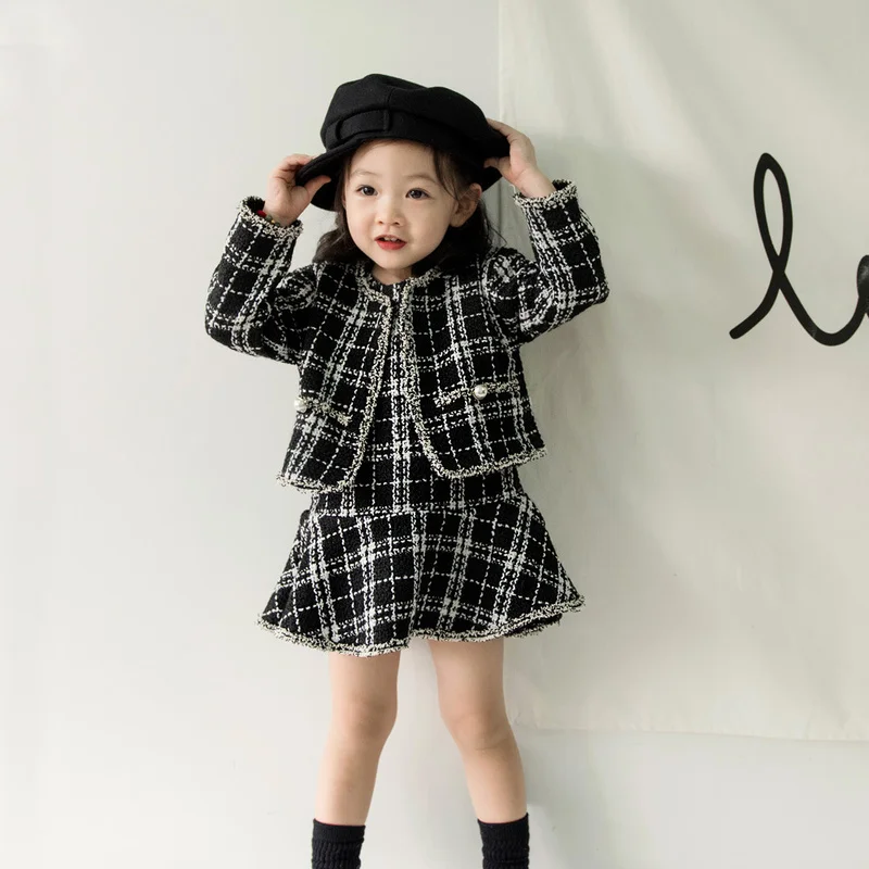 

Kids Girl Clothes Sets Fashion British Style Princess Plaid Pattern Tops Coat + Sleeveless Dress Autumn Children's Clothing Suit