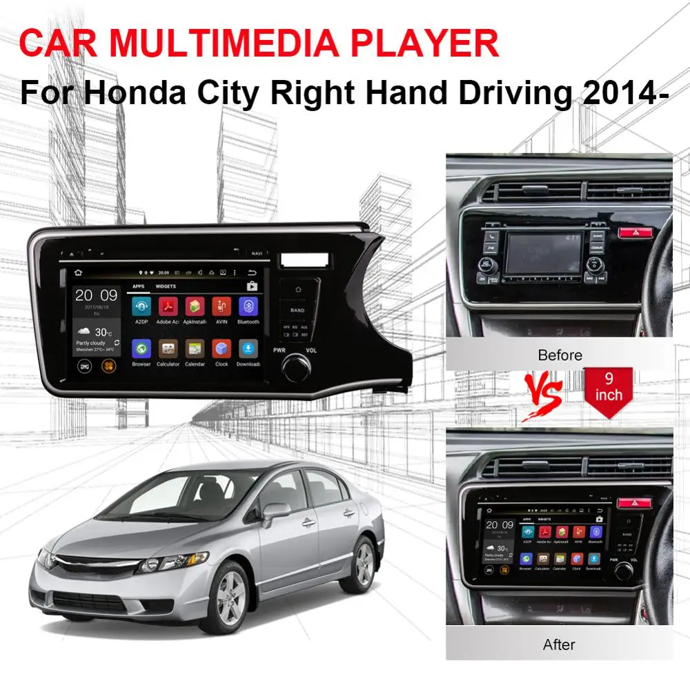 Sale 9 Inch Android 9.0 Octa Core 4G Car GPS Navigation For Honda City Right Hand Driving 2014-2019 Car DVD Player Bluetooth WIFI AUX 2
