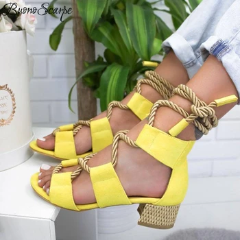 

Bohemian Women Sandals Lace Up Square Mid Heels Summer Gladiator Sandals Hemp Rope Casual Shoe Cross Tied Ladies Sandals