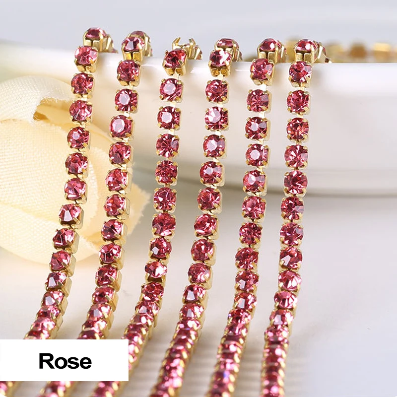 3yards/piece 17colors glass crystal Rhinestones chain, Gold bottom sew on Cup Chains For diy Sewing Clothes Accessories
