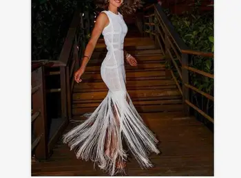 

Top Quality Bandage Dress Celebrity Sexy Tassel White Summer Dress Elegant Night CLub Homecoming Party Dress