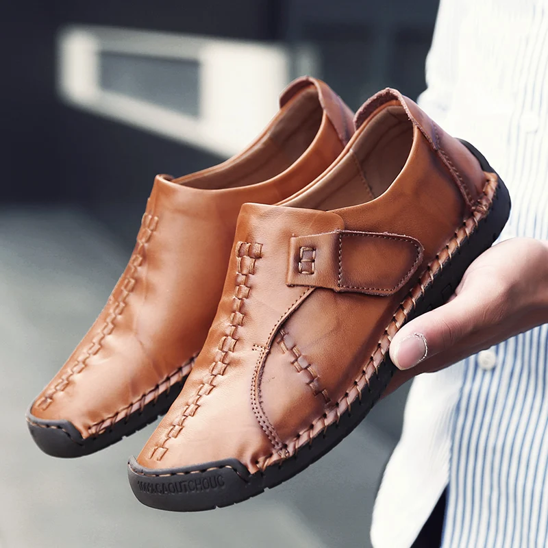 

2019 Summer Mens Shoes Casual Slip on Flat Men Leather Shoes Breathable Men Loafers Genuine Leather Plus Size 38-48