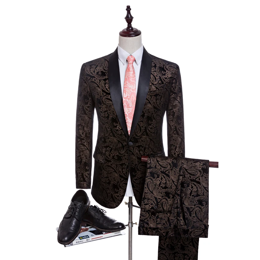 2 Suits Men 2018 Latest Coat Pant Designs Black Velvet Leopard Print Men's Suits Luxury Brand 