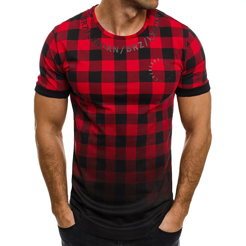 

SHUJIN 2019 Summer Men Short Sleeve Crew Neck Plaid Pattern Casual T-Shirt Homme Hipster Hip Hop Lightweight Slim Tee Top