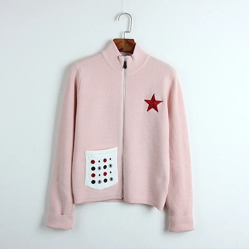 

Women Zip Cardigan 2019 New Star Pocket Long Sleeve Half High Neck Cardigan Sweater Cardigan Coat Knitted Baseball Jacket Tops