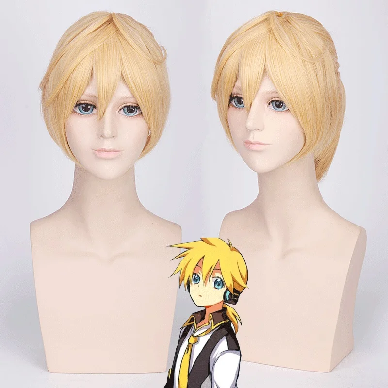 

VOCALOID Kagamine Len Cosplay Wig for Man Short Straight Blond High Quality Heat Resistant Synthetic Wig With Ponytail Anime