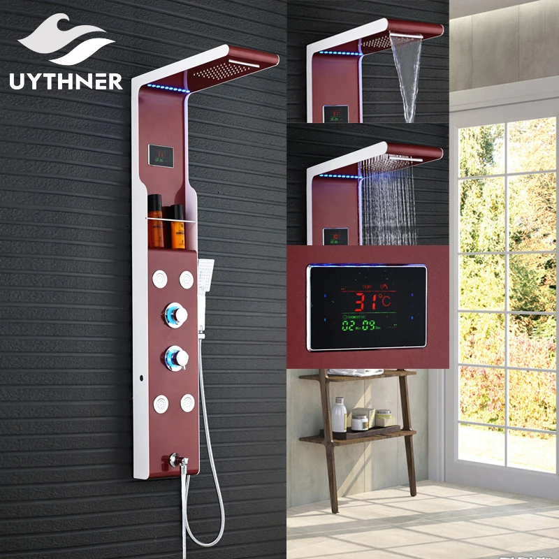 

Uythner Waterfall and Rainfall LED Shower Head Shower Column with Hand Spray Shower Pannel Wall Mounted