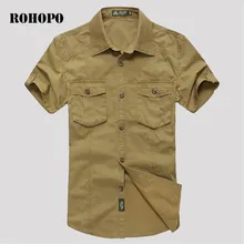 ROHOPO мужской однотонный короткий рукав карманы рубашки хаки/армейский зеленый военный отложной воротник свободные рубашки-карго KIsa kollu gomle