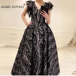 Длинное черное блестящее кружевное с v-образным вырезом Abendkleider Dubai арабское вечернее платье 2019 со съемной юбкой Robe De Soiree длинное