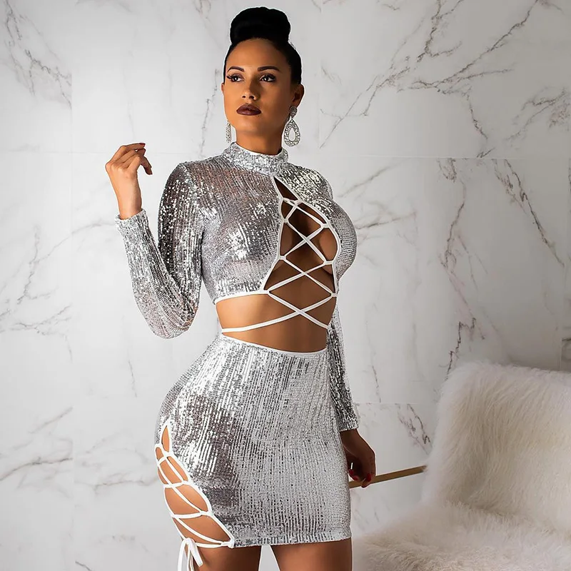 

Elegant Sequin Bandage Women 2pcs Sexy Lace Up Crop Top And Lace Up Side Mini Bodycon Skirts Two Piece Sets Silver Outfits
