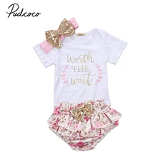 Pudcoco милый комплект детской одежды для маленьких девочек Костюмы короткий рукав стоить подождать комбинезон топы+ оборки юбки-пачки с бантом, шорты и повязка на голову, комплект одежды