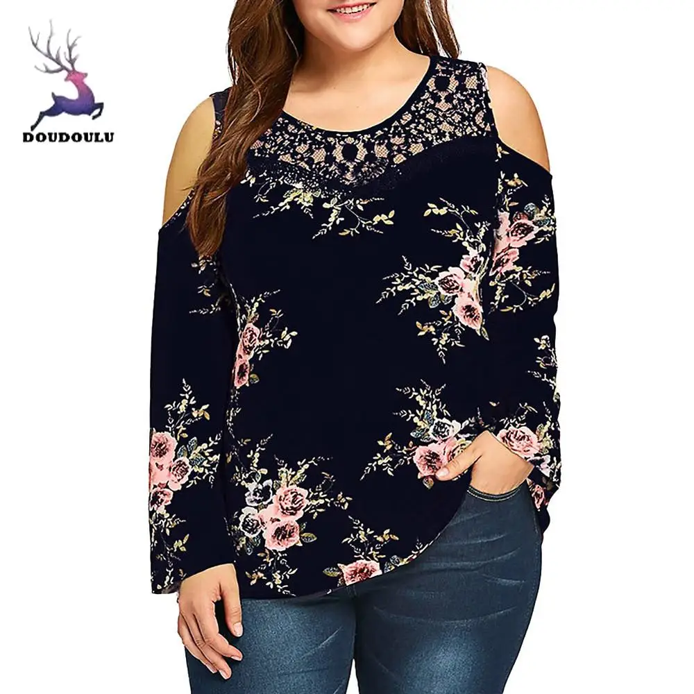 

DOUDOULU Fashion Womens 's summer blouses 2018 Plus Size Lace Cold Shoulder Floral Printed Blouse Tops female for women 3