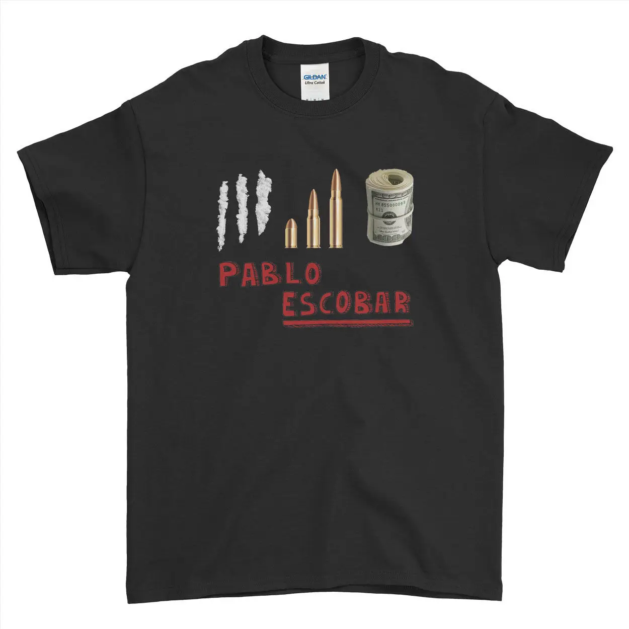 

Gangster King Pablo Escobar Dollar Cocaine Bullet Money Mens T-Shirt Tee