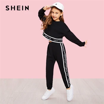 SHEIN Girls Lettering Trim Casual Pullover And Pants Set Kids Clothing 2019 Spring Active Wear Long Sleeve Girls Clothes 1