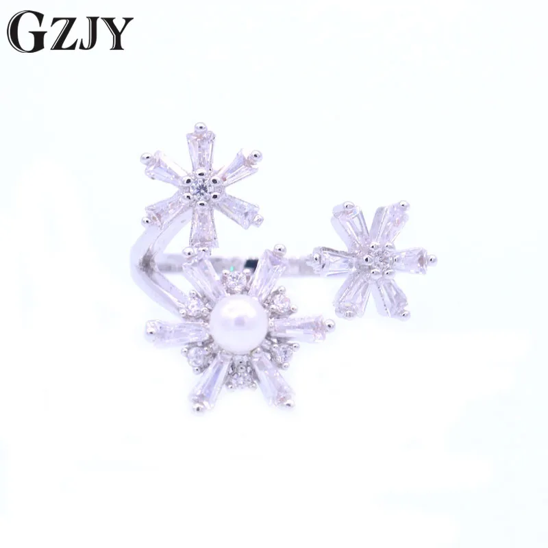 GZJY Fashion Rotating Flowers White Gold Color Opening Ring With Zircon