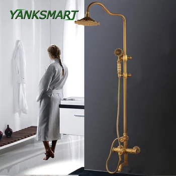 Online YANKSMART Brass Antique Wall Mount Shower Set Faucet Single Handle With Handshower Bathroom Shower Mixer Tap