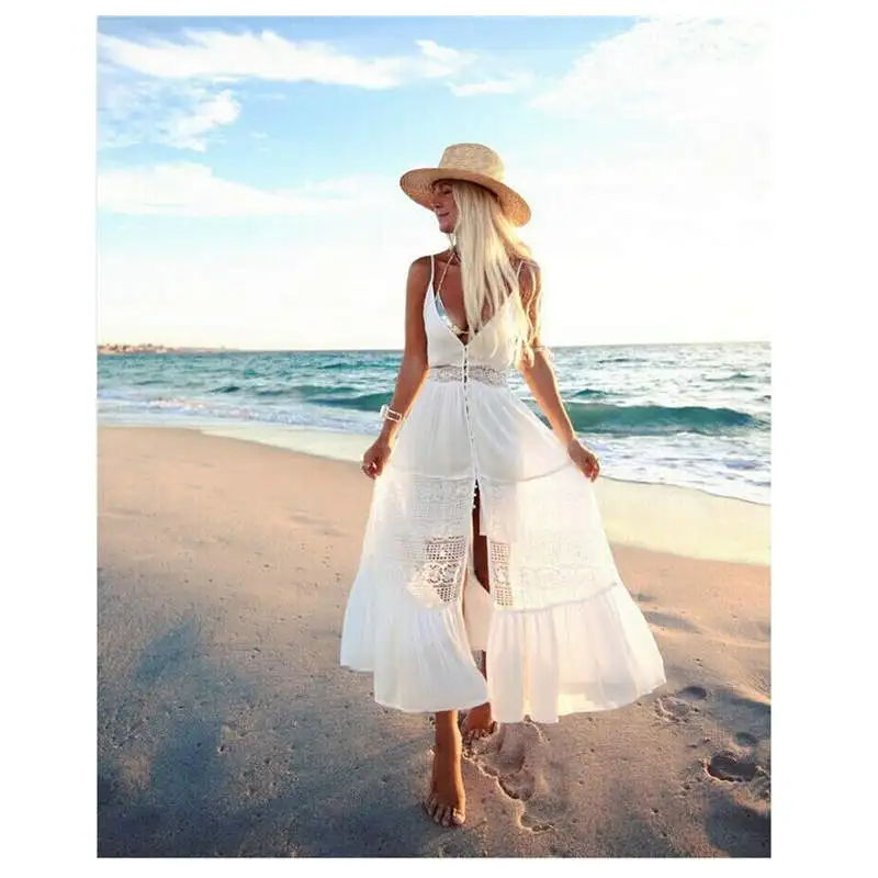 Women Summer Boho Long Maxi Dress Soild Color Summer Female Evening Party Beach Floral Causal Sundress US