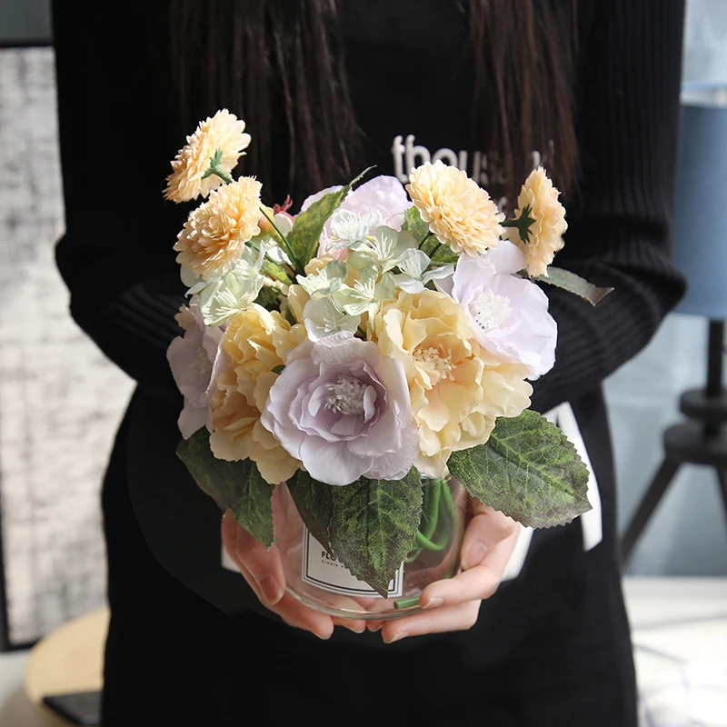 Artificial Flowers High Quality Silk Tea Rose Bunch Cheap Wreath Hand Stick Flower Road Wedding Home Decoration Supplies