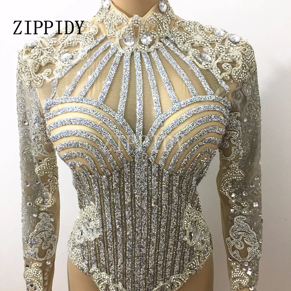 bodysuit women Silver Glisten Rhinestones Long Sleeves Leotard Belt Outfit Dj Singer Performance Bar Party Celebrate Luxurious Costume Bodysuit white bodysuit
