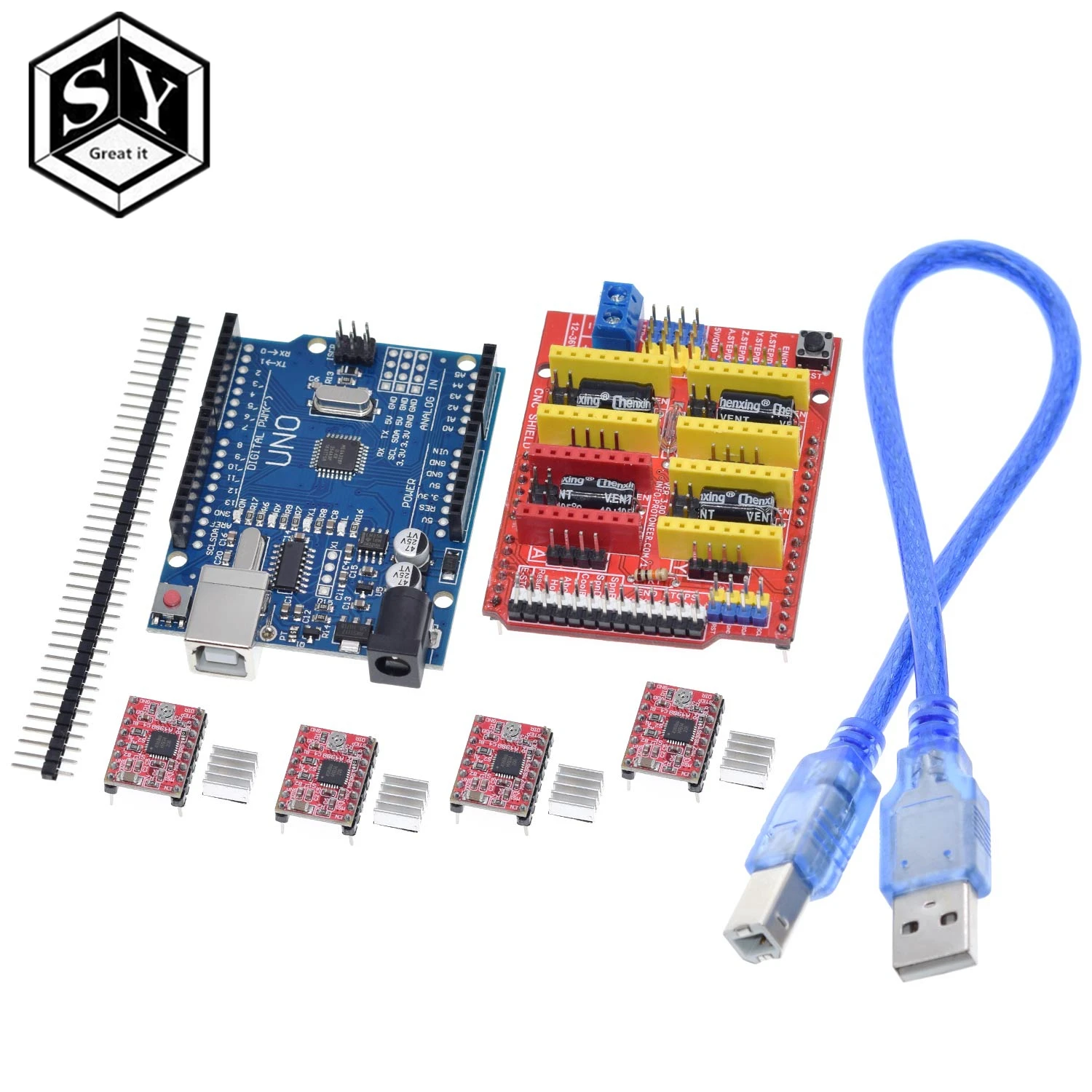 CNC щит v3 гравировальный станок 3d принтер+ 4 шт. A4988 Плата расширения драйвера для Arduino+ UNO R3 с USB кабелем